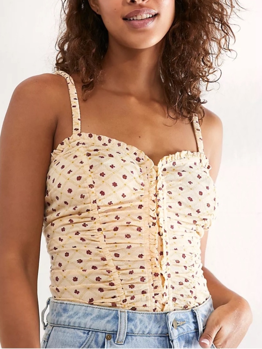 Free People Yellow Floral Smocked Sweetheart Cami